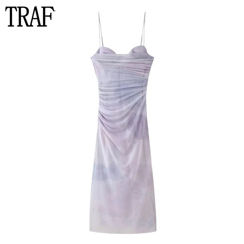 

TRAF Print Ruched Tulle Dresses for Women Bodycon Slip Midi Dress Woman Sexy Backless Party Female Dress Summer Women's Dress