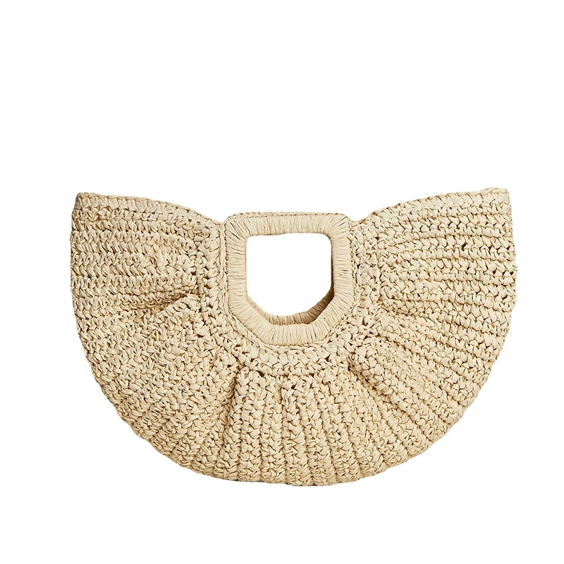 Half-Moon Woven Straw Handbag - Wooden Handle Beach Shopping Basket 22 Sbc64864ee56c42099085af979aab2521S