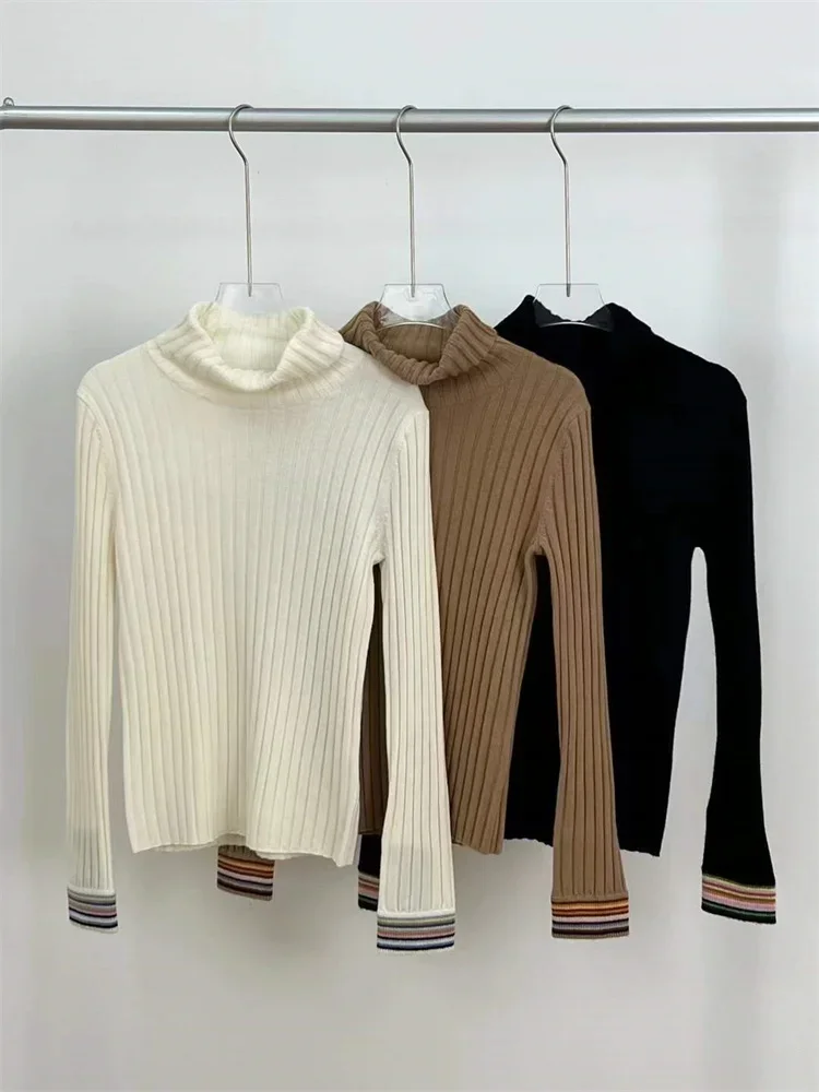 

Sweater for Ladies 2023 New 100% Cashmere Stripes Cuffs Colorful Half Turtleneck Slim Casual Long Sleeve Knitted Pullover