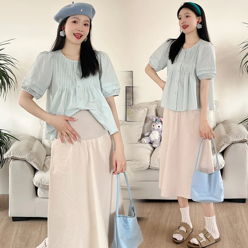 

Korean Style Maternity Summer Clothes Set 2pcs Sweet Puff Sleeve Pleated Shirts+belly Skirts Twinset Pregnant Woman Skirt Suits