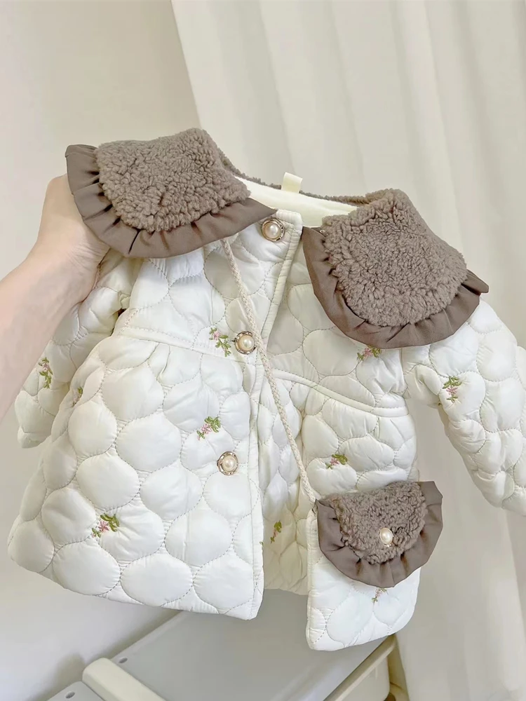 

Down Baby Winter Season Cotton Plush Embroidery Coat Girls Thickening Childrens Clothing Outerwear Turn Down Collar