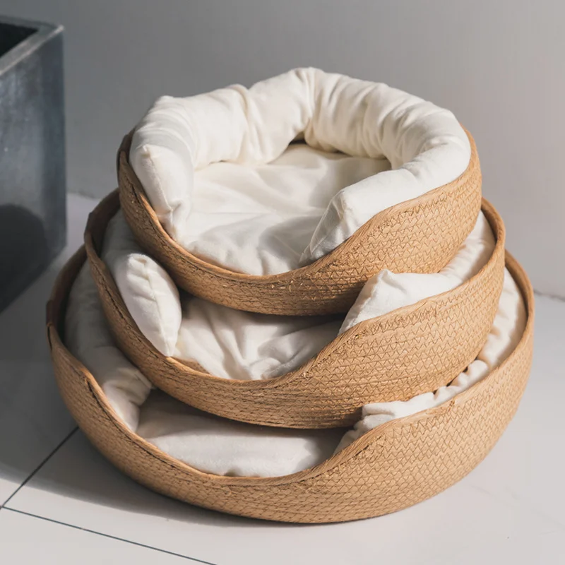 

Bamboo Pet Bed Soft Cat Kennel Dog Beds Sofa Weaving Four Season Cozy Nest Baskets Waterproof Removable Cushion Sleeping Bag