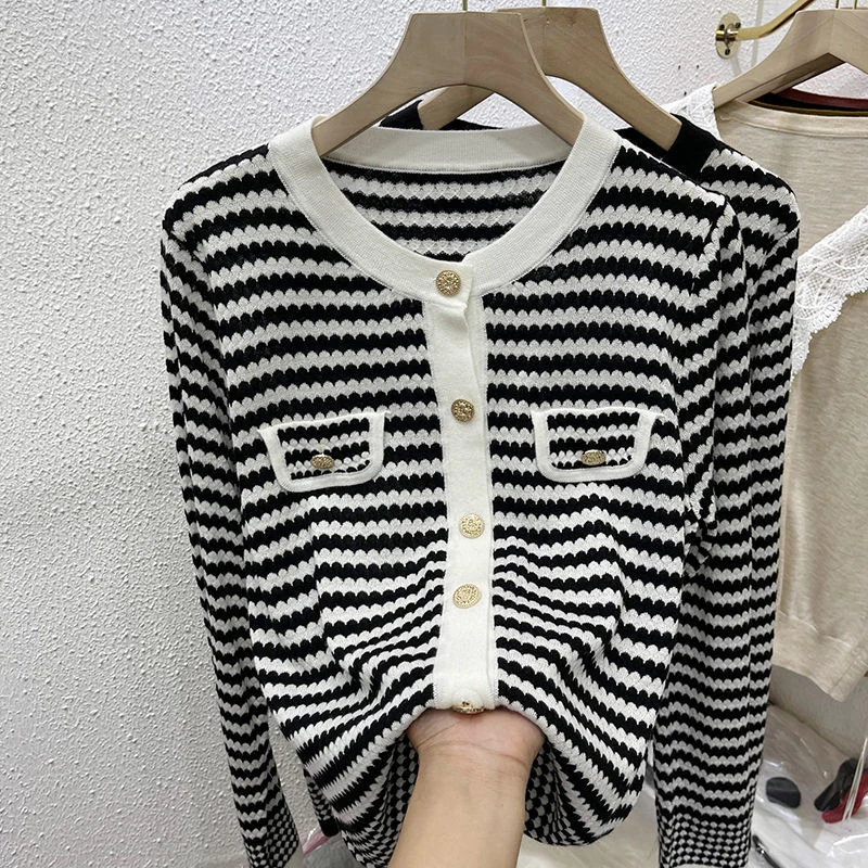 

Sandro Rivers Sweater for Women, Thin Striped Sweater, Unique Knit Cardigan, Niche Design, Early Fall, Winter