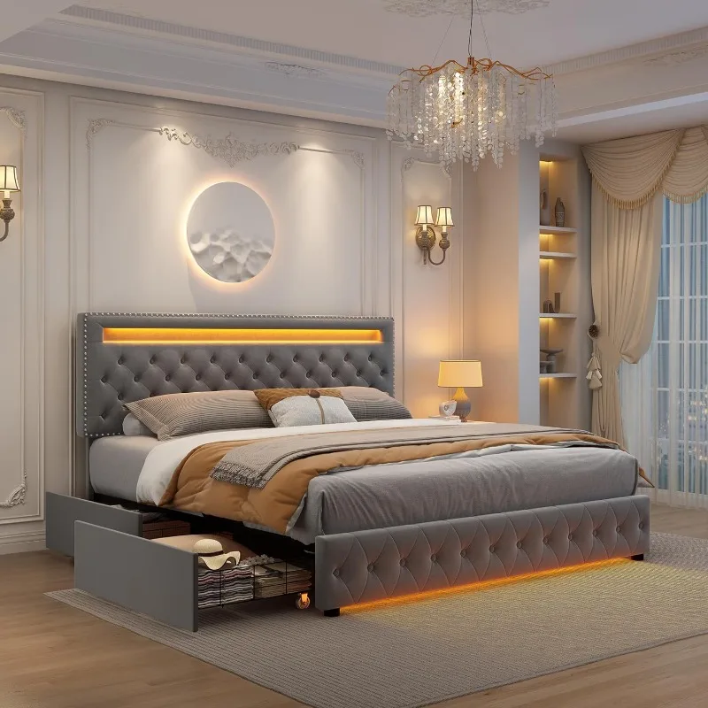 Queen Led Bed Frame with 4 Storage Drawers, with Smart Control RGBW LED Lights Headboard Footboard, Control DIY Color
Queen Led Bed Frame with 4 Storage Drawers, with Smart Control RGBW LED Lights Headboard Footboard, Control DIY Color