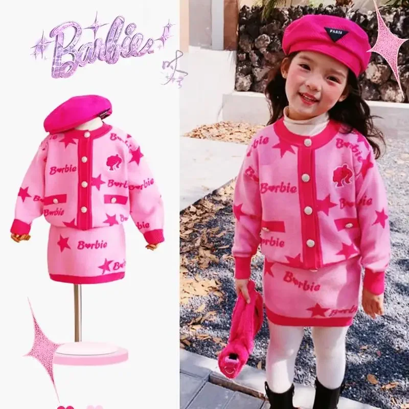 

Barbie Kids Suit Sweater Short Skirt 2Pcs Kawaii Soft Comfortable Trendy Movie Winter Warming Clothes Lovely Sweet Girls Gift