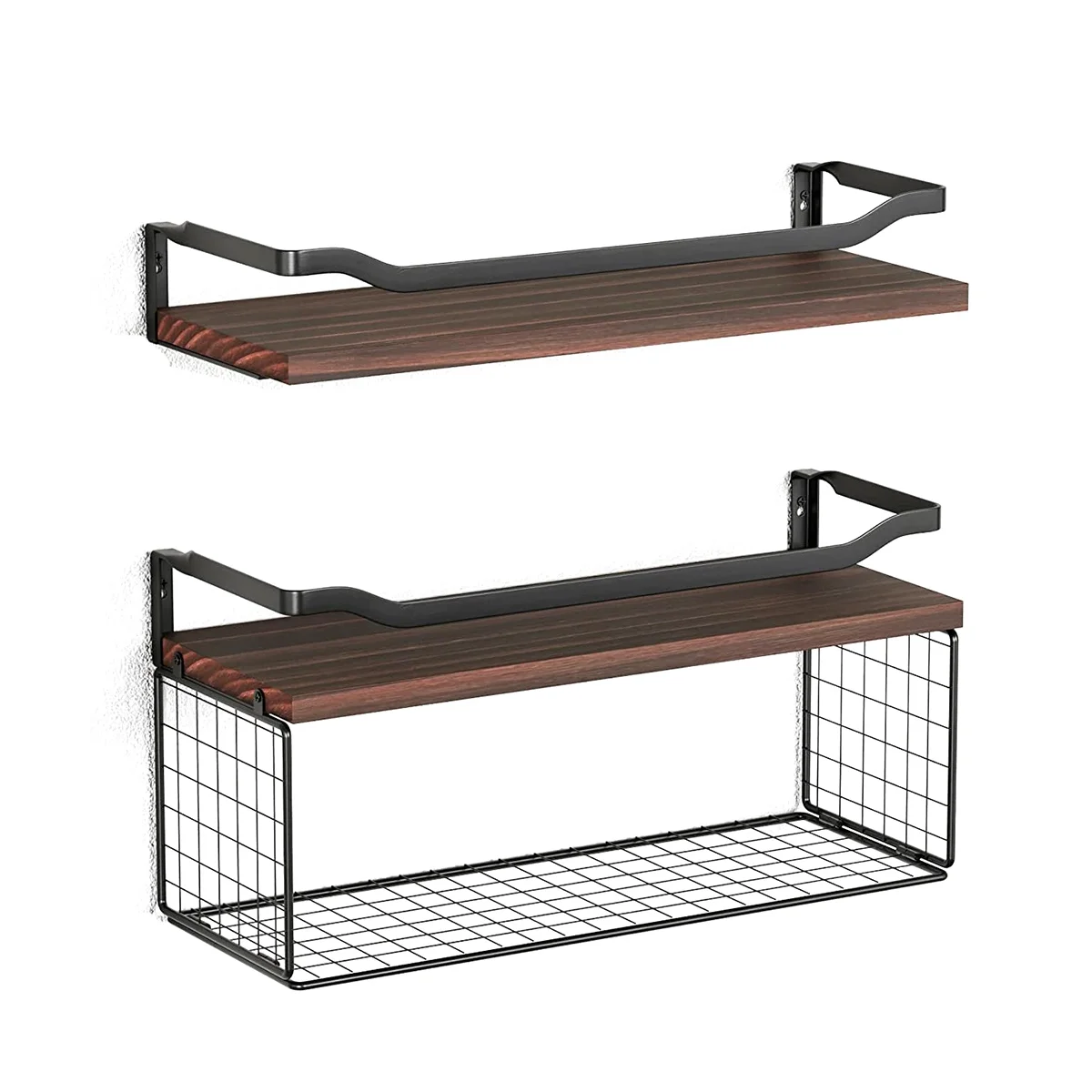 

Floating Shelves with Wire Storage Basket, Bathroom Shelves Over Toilet with Protective Metal Guardrail