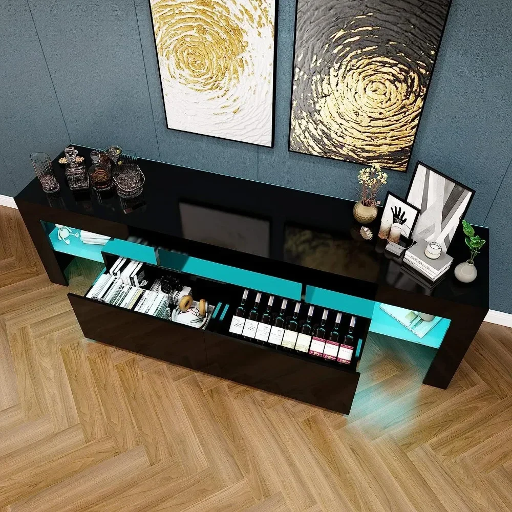 

Black TV Stand, Wood TV Stand, High Glossy Entertainment Center with Large Drawers＆Glass Display Shelf, Black TV Stand