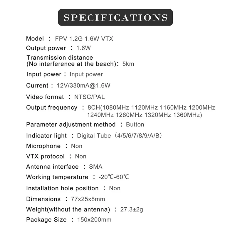 

FPV 1.2G 1.3G 1.6W VTX Transmitter+Antenna 8CH 0.1Mw/25Mw/800Mw/1600Mw VTX Transmitter For Long Range FPV Drone RC Model