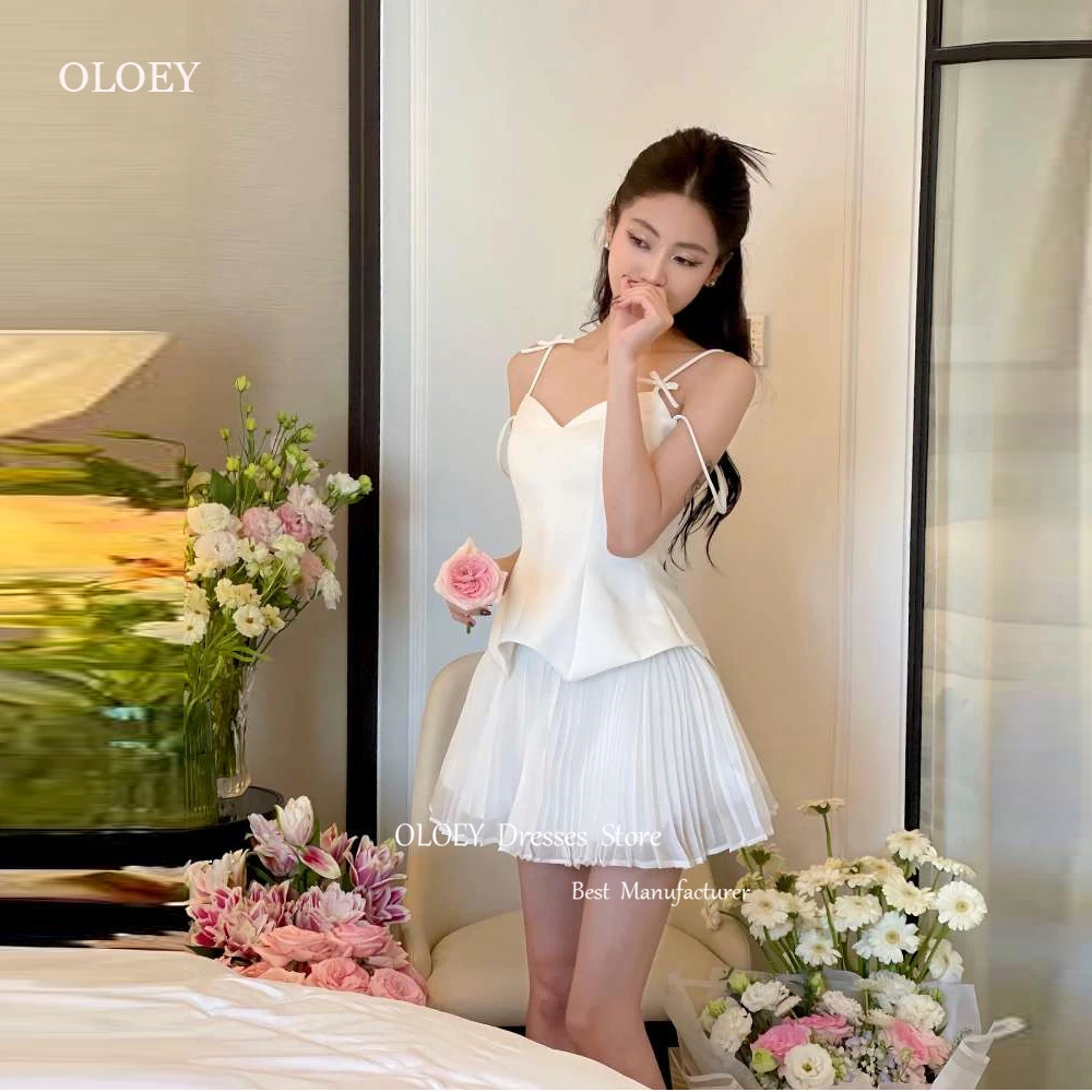 

OLOEY Lovely White A Line Short Korea Party Dresses Photoshoot Wedding Spaghetti Straps Chiffon Cocktail Dress Summer Skirt