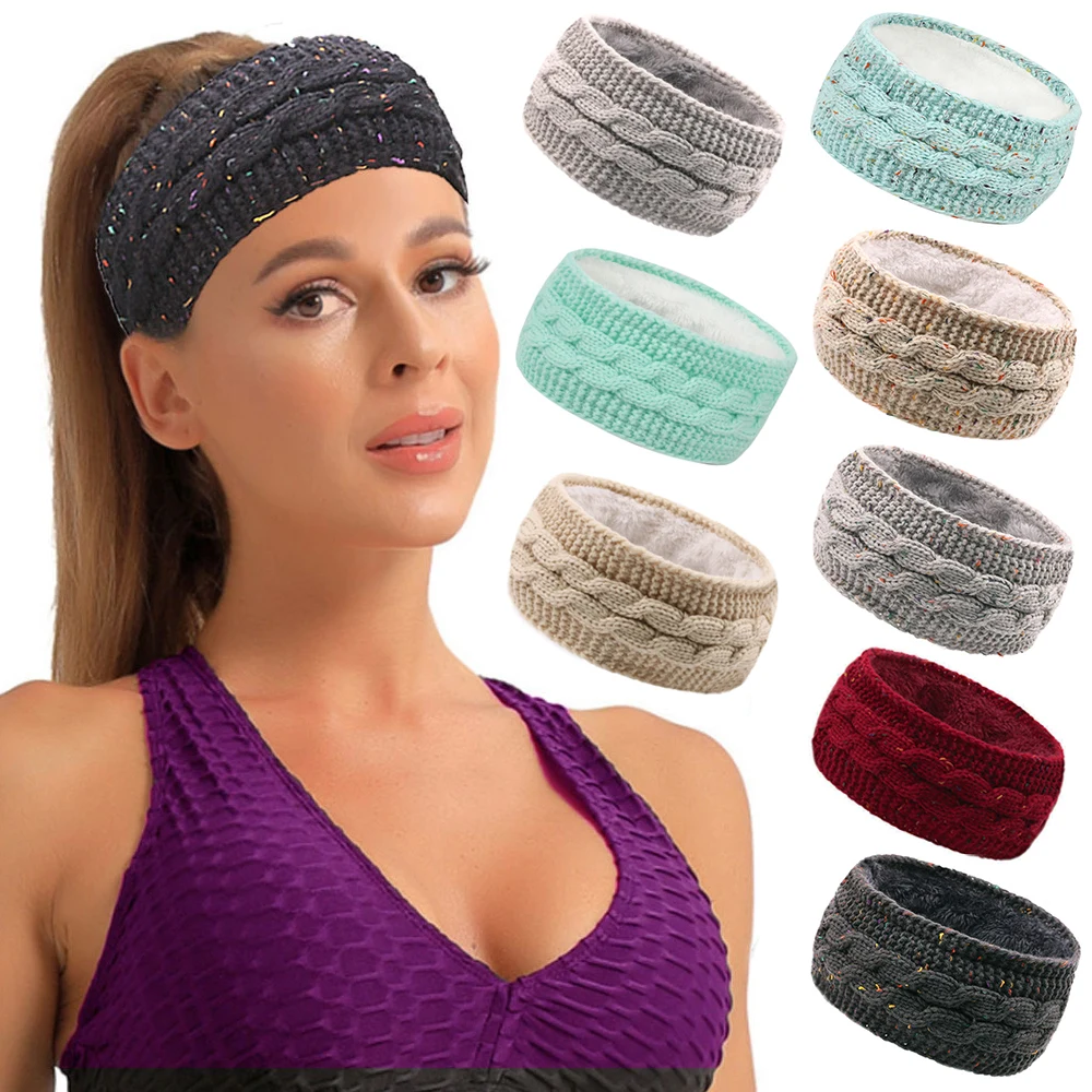 

Plush Wool Knitted Headband Ear Warmer Knitting Turban Headwrap Velvet Lined Elastic Hair Band Thicken Sport Wide Hairband