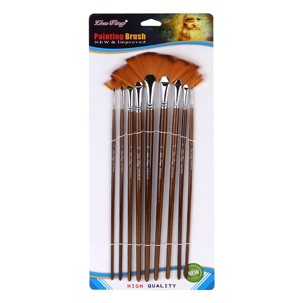 

9pcs Portable Professional Fan Nylon Hair Acrylic Oil Students Drawing Watercolor Gouache Paint Brush Set Beginner Artist