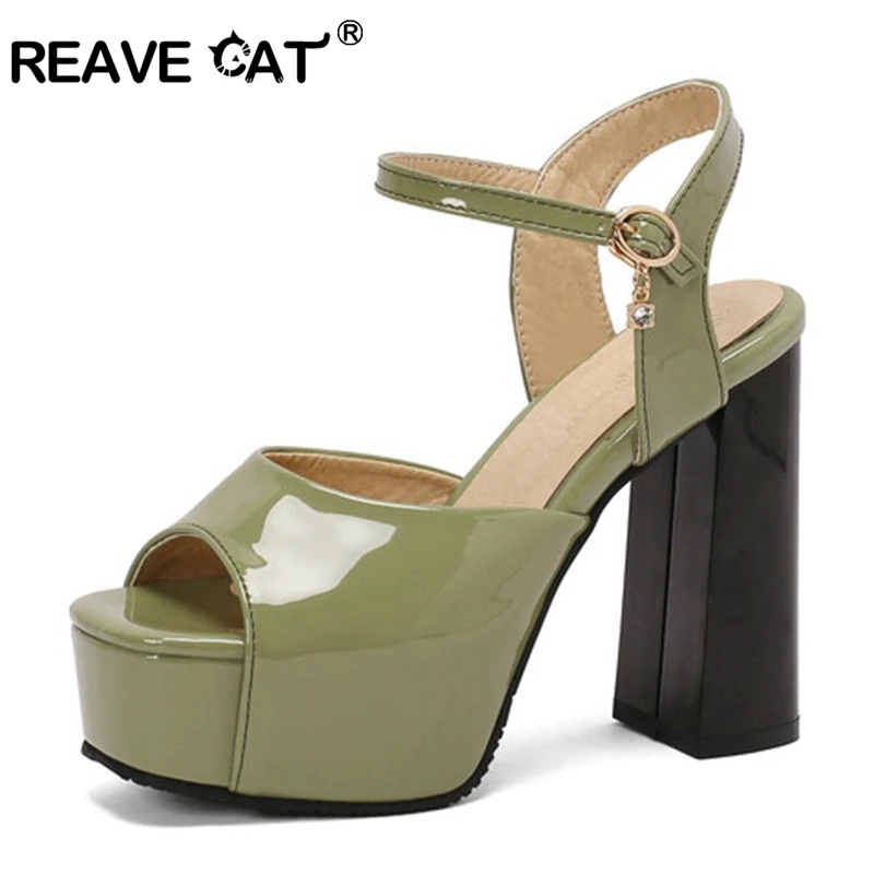 

REAVE CAT Elegant Open Toe Women Sandals 12cm Thick Block Heel 4cm Platform Ankle Buckles Big Size 48 49 50 Black White Gold