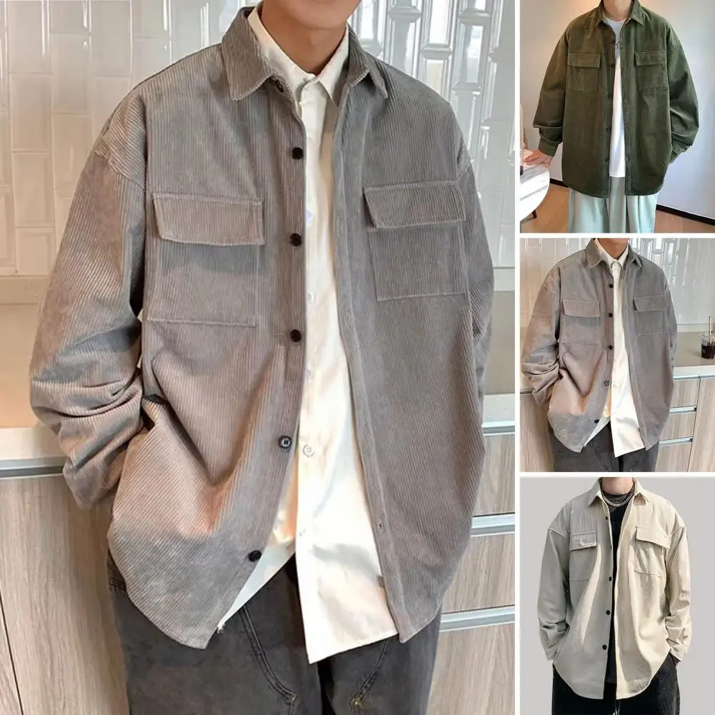 

Lapel Long Sleeve Pockets Buttons Placket Shirt Coat Men Corduroy Autumn Retro Shirt Outerwear
