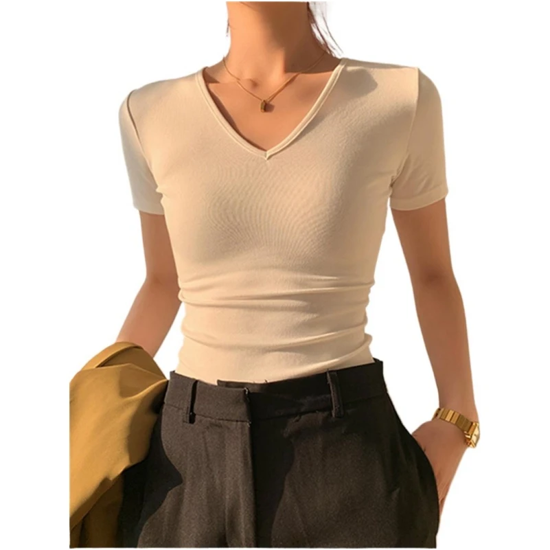 Summer Knitted Cotton V-Neck Feminine Basic Tops Slim Solid Breathable Short Sleeve Undershirts Blouses Women Clothing
Summer Knitted Cotton V-Neck Feminine Basic Tops Slim Solid Breathable Short Sleeve Undershirts Blouses Women Clothing