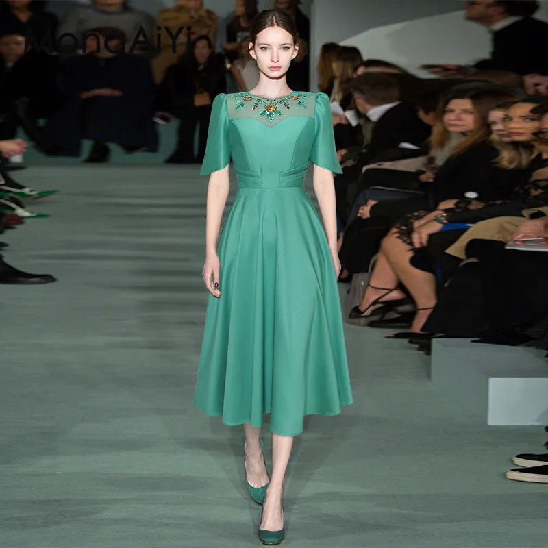 

Модное дизайнерское весенне-летнее женское платье MonaAiYi с коротким рукавом, расшитое бисером и блестками, высокие зеленые платья в стиле High Street