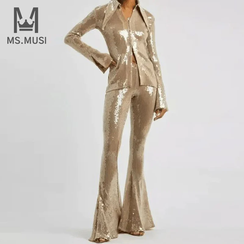 MSMUSI 2023 New Fashion Women Sexy Sequins Two Piece Set Bodycon Party Turn Down Collar Long Sleeve Top Flare Long Pant Set Suit
MSMUSI 2023 New Fashion Women Sexy Sequins Two Piece Set Bodycon Party Turn Down Collar Long Sleeve Top Flare Long Pant Set Suit