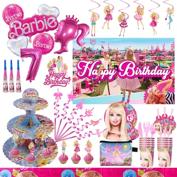 여아용 바비 생일 파티 장식 장난감, 알루미늄 호일 라텍스 풍선, 일회용 식기 배경, 베이비 샤워 용품