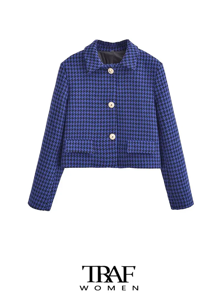 

TRAF-Women's Front Flaps Houndstooth Blazer, Cropped Coat, Long Sleeve, Button-up, Female Outerwear, Chic Tops, Fashion