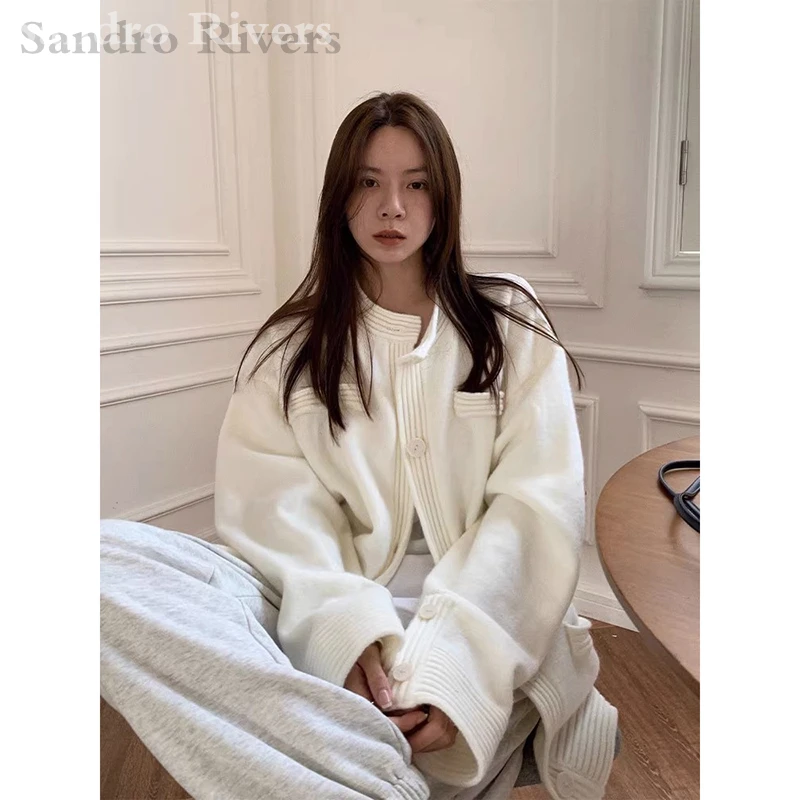 

Sandro Rivers Sweater Jacket Female 2023 Spring And Autumn White Knitted Cardigan Korean Version Of Loose Lazy Style Retro Tops