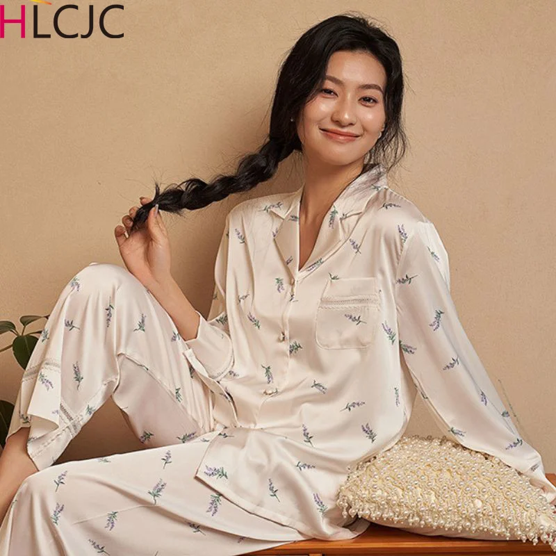 

Summer Ice Silk Sleepwear Women Pajama Sets Long Sleeve Pants Loungewear Sets Luxury Lavender Print Spring Autumn Home Clothes