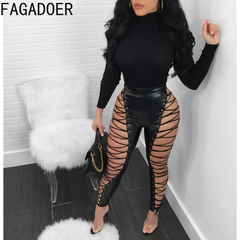 FAGADOER Black Sexy Bandage Skinny PU Leather Pants Women High Waist Solid Color Trousers Female Fashion Nightclub Bottoms 2023
FAGADOER Black Sexy Bandage Skinny PU Leather Pants Women High Waist Solid Color Trousers Female Fashion Nightclub Bottoms 2023