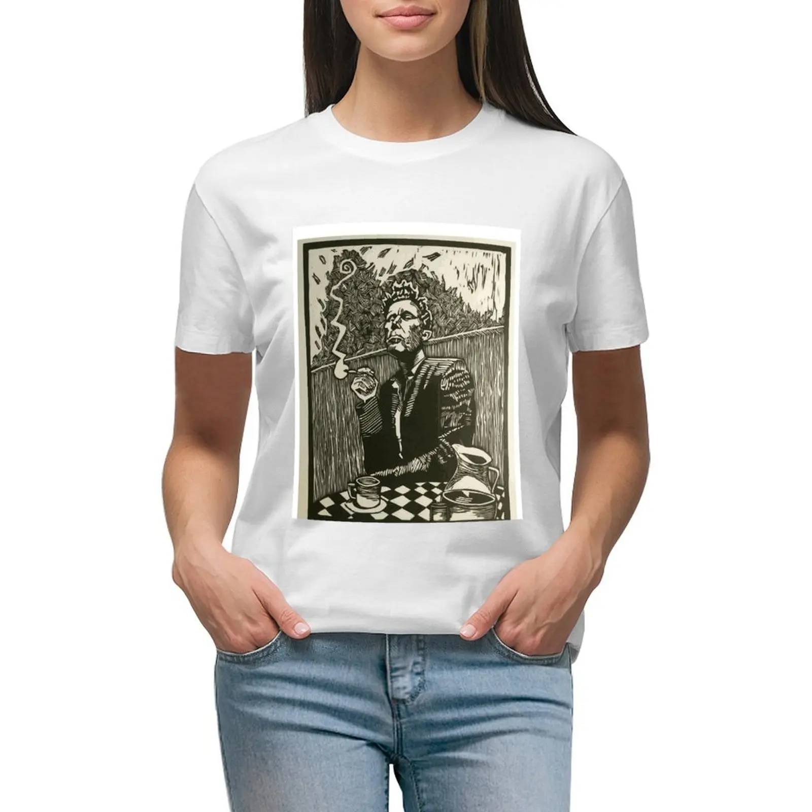 

Tom Waits Smoking a Cigarette Graphite Artwork Graphic T-shirt female tees western t shirts for Women