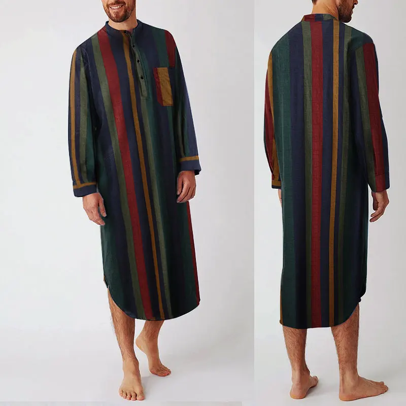 

Men Long Shirts Muslim Striped Robe Arabic Islamic Kurtas Moroccan Dress Casual Cotton Tunics Male Abayas Ropa Islamica Hombre