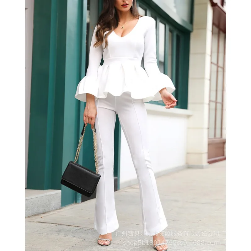 

Wepbel Deep V Flare Sleeve Slim Fits Tshirt Top Women Ruffle Top Two-Piece Pants Suit Summer Trousers Sexy Bodycon Skinny Pants