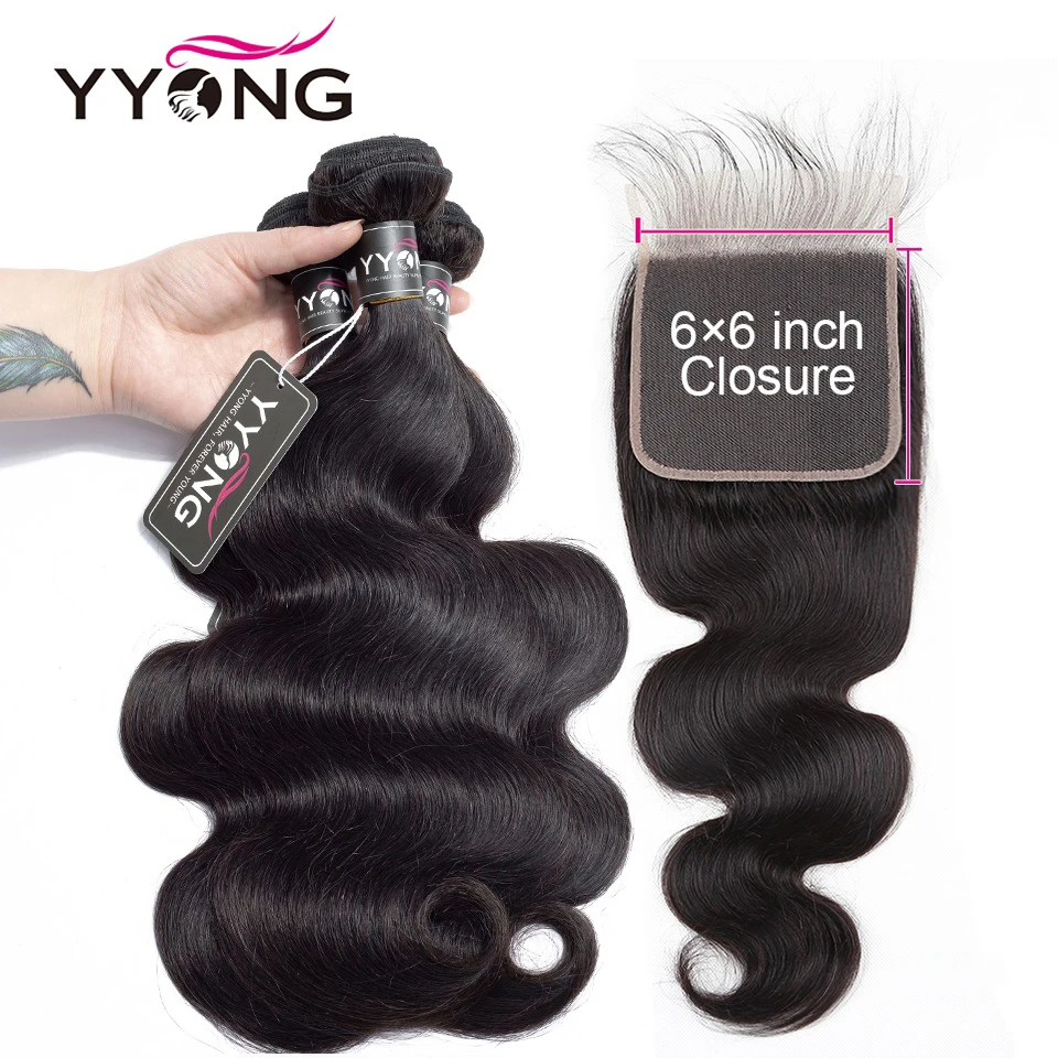 

YYONG Body Wave Bundles With 6x6 Lace Closure Brazilian Hair Weave Bundles With Closure Human Hair 3/4 Bundles With Closure Remy