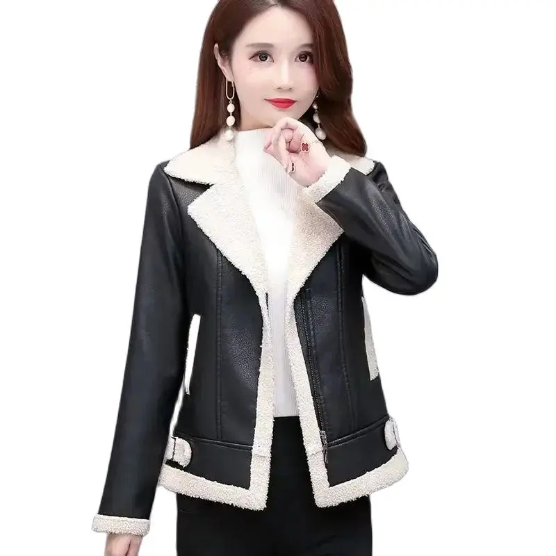 

Spring Autumn Short Leather Coat Women 2023 New Fashion Fleece Jacket Turndown Collar Loose Lmitation Lambswool Outerwear Female