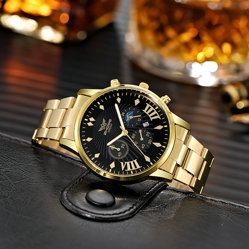 

Men Complete Calendar Watch 2024 New Fashion Golden Stainless Steel Quartz Clock Analog Male Casual Wristwatch Relogio Masculino