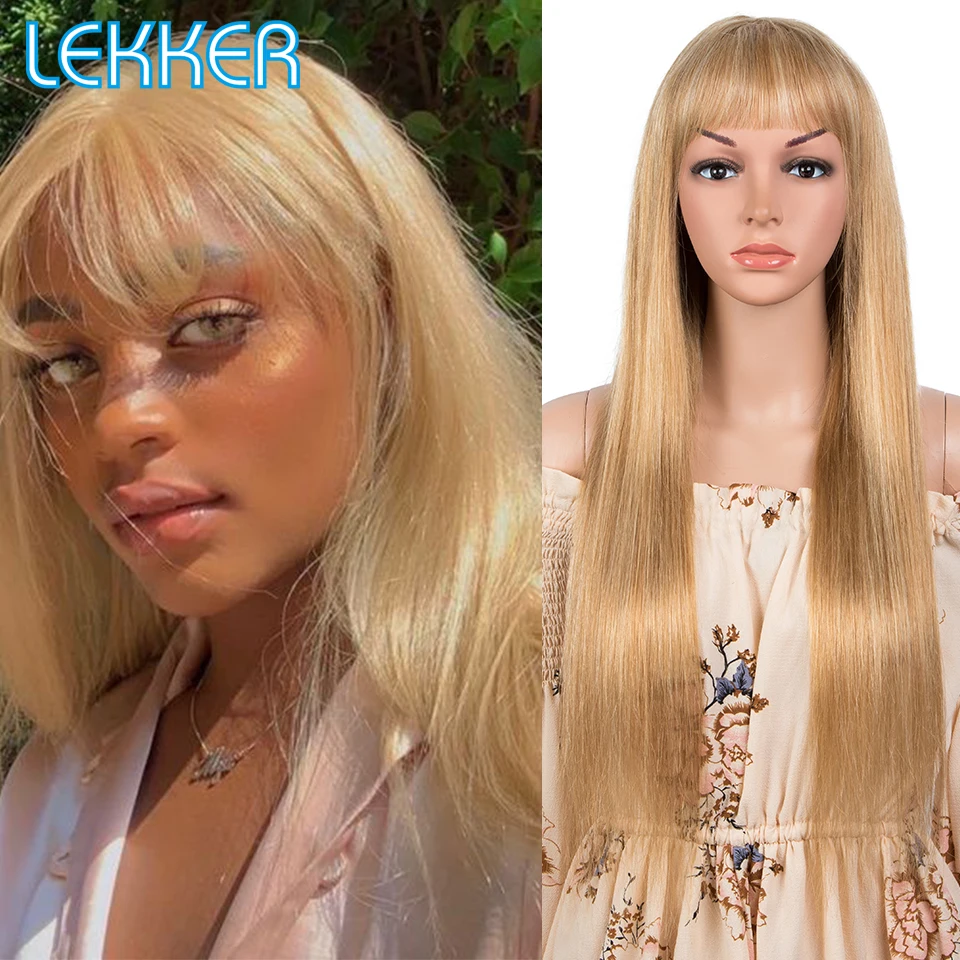 

Lekker Wear to go Highlight Gold Blonde Bone Straight Human Hair Wig With Bangs For Women Brazilian Remy Hair Glueless 28'' Wigs