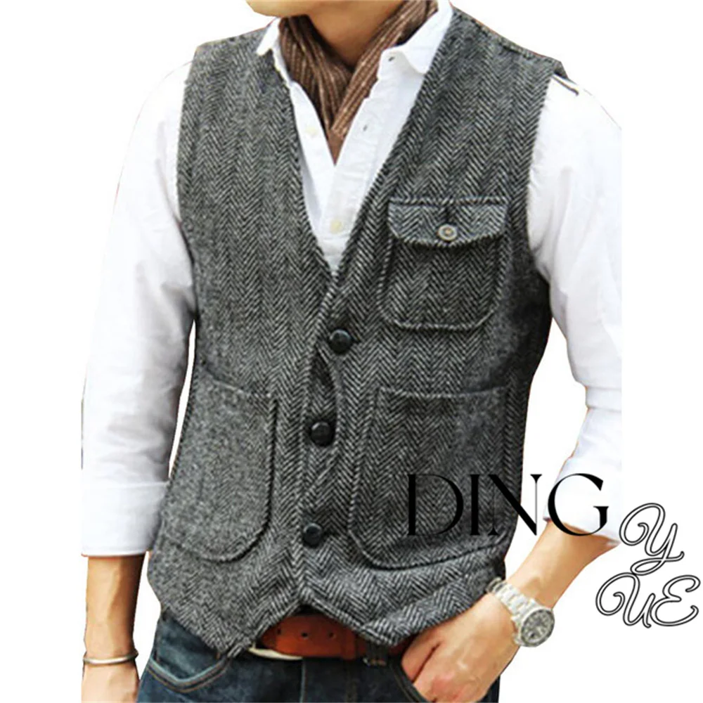 

Herringbone Men's Suit Vest V Neck 3 buttons Woolen Mens Vests Waistcoat Jacket 3 Pockets Casual Formal Business chaleco hombre