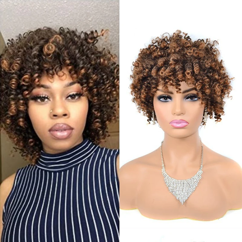 

Synthetic Curly Hair Wigs for Women Ombre Brown Short Kinky Curly Wig with Bangs Afro Bouncy Curly Wigs Cosplay Heat Resistant