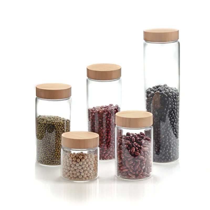 

Glass Storage Tank Airtight Wooden Cover Lid Round Bottle Container Jar Coffee Beans Tea Food Storage Spice Seasoning Bottles