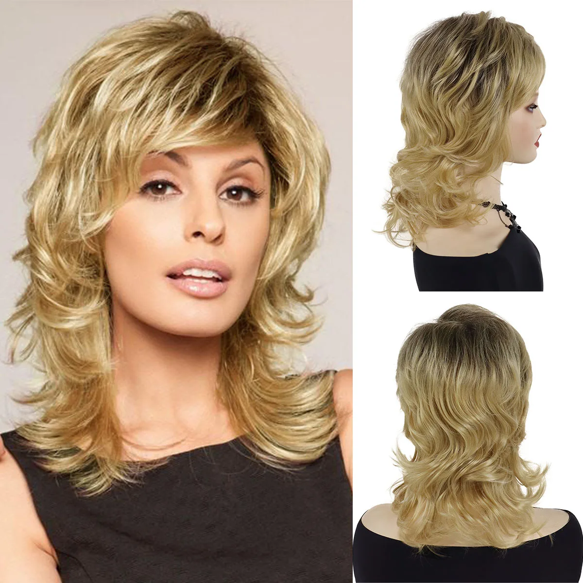 

GNIMEGIL Synthetic Hair Blonde Ombre Wig Long Curly Wig with Bangs for Women Natural Fashion Layered Wig Cosplay Heat Resistant