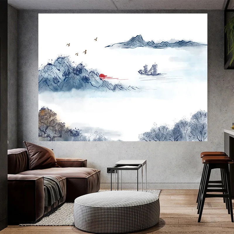 

Asian Style Watercolor Tapestry Wall Hanging Chinese Landscape Painting Print Tapestries Bedroom Living Room Dorm Home Decor