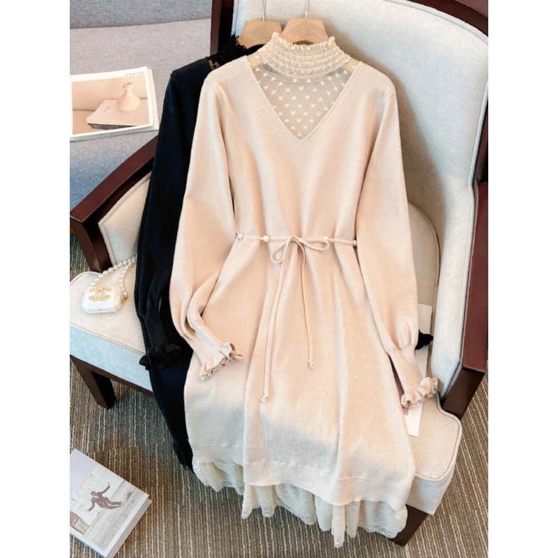 Women's Knitting Dress Fall Winter New Lace Patchwork Half High Collar A-Line Mid-Length Elegant Knitted Sweater Dresses
Women's Knitting Dress Fall Winter New Lace Patchwork Half High Collar A-Line Mid-Length Elegant Knitted Sweater Dresses
