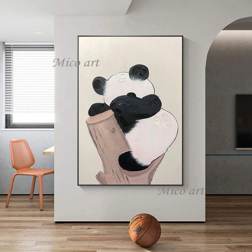 

Palette Knife Animal Painting Thick Acrylic Artwork Unframed Kindergarten Wall Decoration The Panda In The Tree Cartoon Pictures