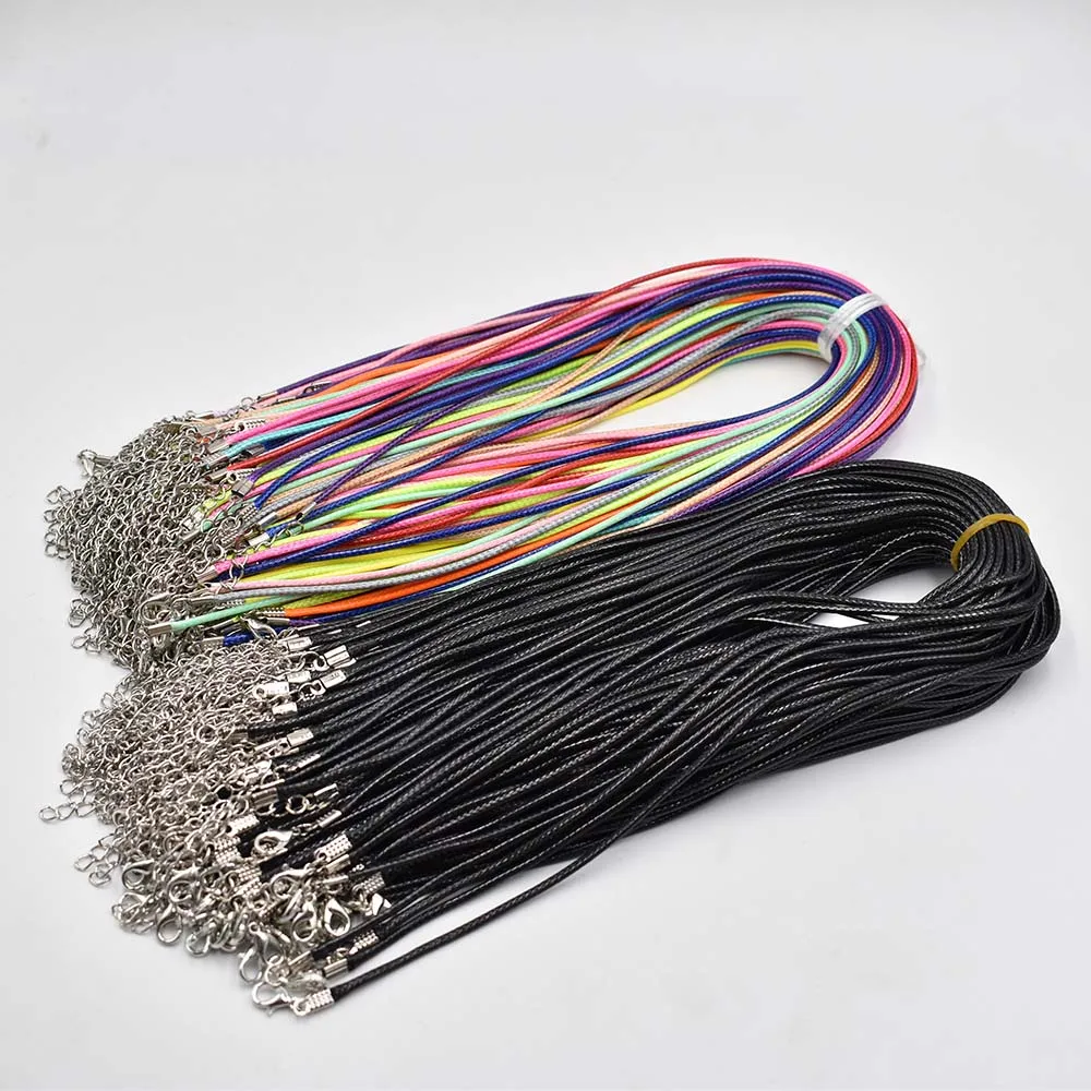 

Wholesale 1.5mm 2mm 45cm 60cm Black mixed Wax Leather Cord Necklace Rope Chain Lobster Clasp DIY Jewelry Accessories 100pcs/lot