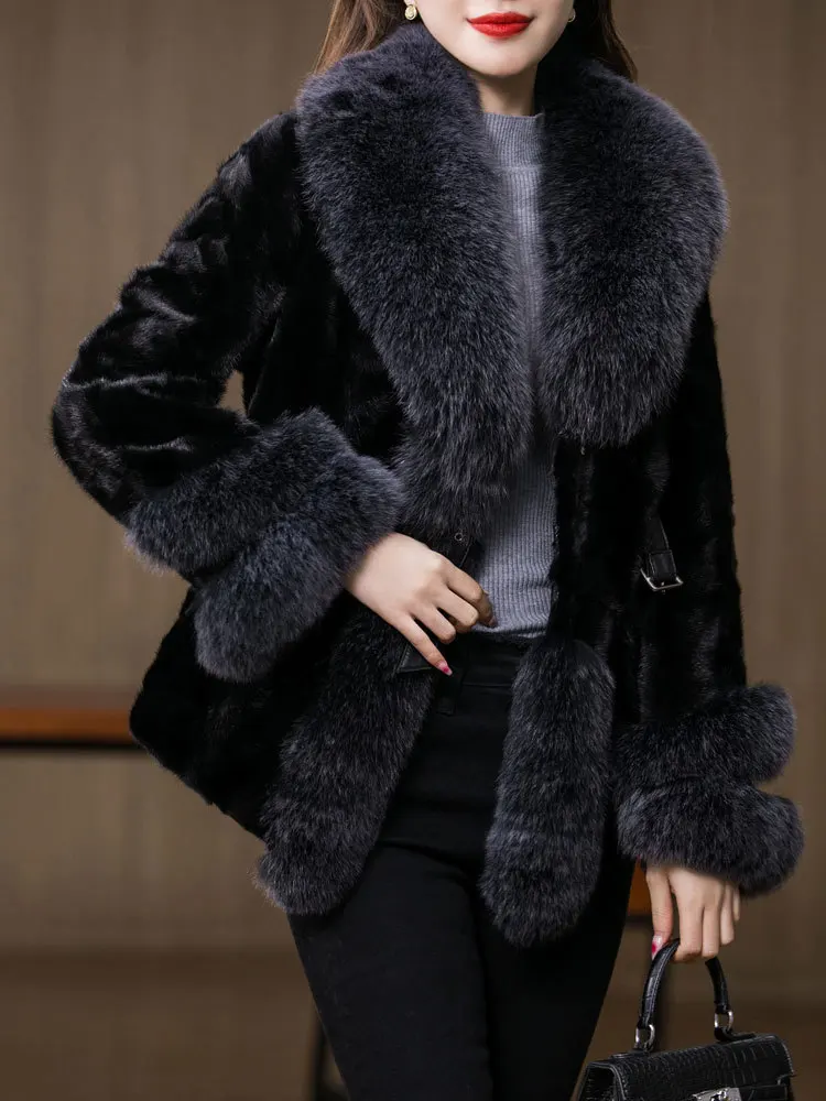 

Mink Fur Coat for Women, Short Fox Fur Collar, Fashionable Urban Style, Warm Outerwear, Winter