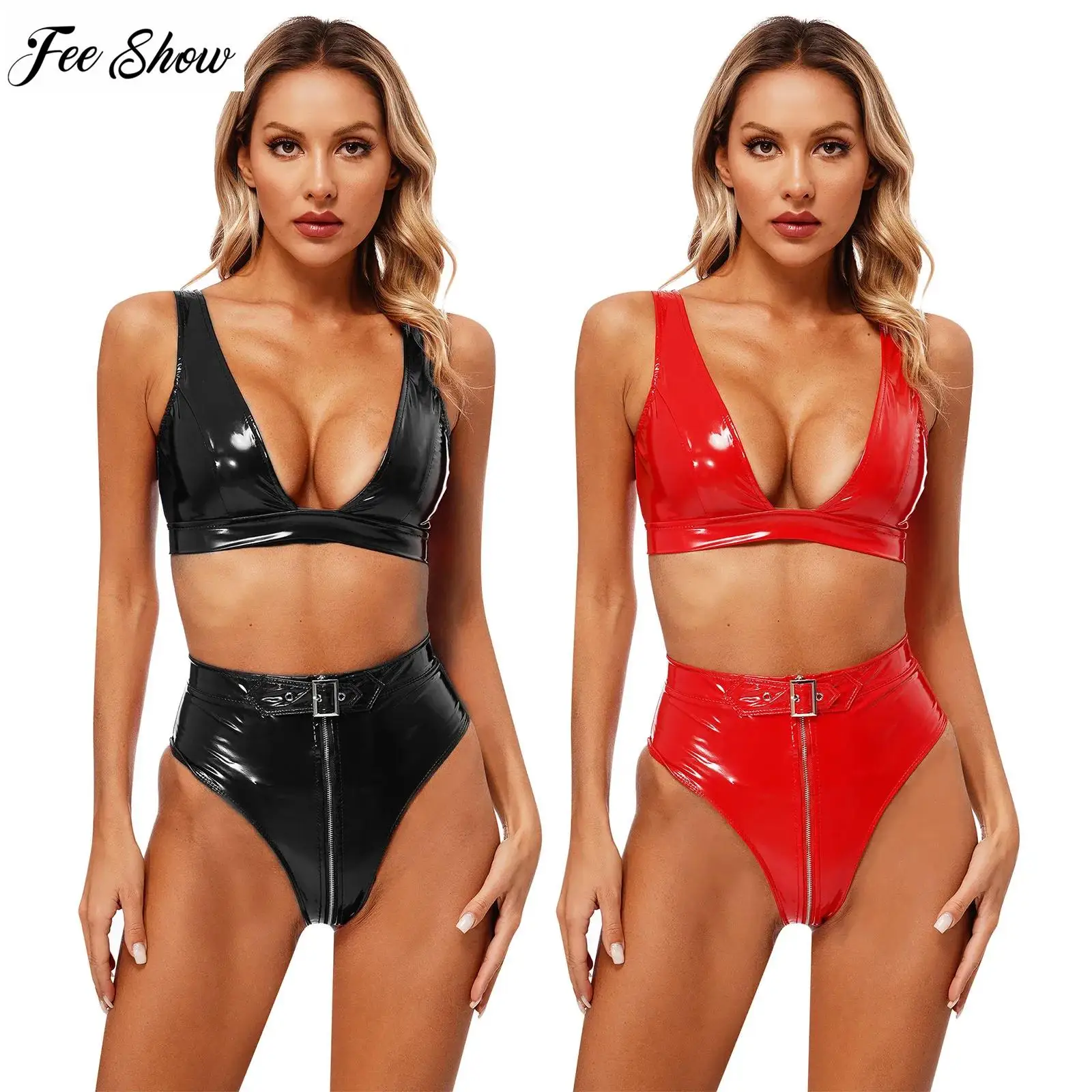 Womens Wet Look Patent Leather 2Pcs Lingerie Set Clubwear Low-Cut Crop Vest Tank Top with High Waist Zipper Front Briefs
Womens Wet Look Patent Leather 2Pcs Lingerie Set Clubwear Low-Cut Crop Vest Tank Top with High Waist Zipper Front Briefs
