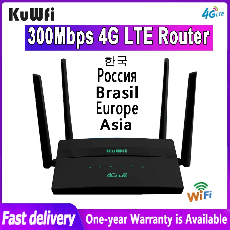 

KuWFi 4G LTE Router 300Mbps Wireless Wifi Home Hotspot With SIM Card Slot RJ45 WAN LAN VPN Support 32 User 4 External Antennas