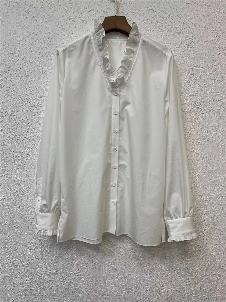 

2024 early spring new high count cotton V-neck top women's ruffles long sleeved white shirt
