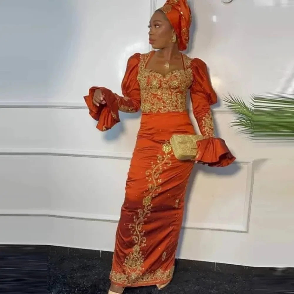 New Orange Satin Mermaid Luxury Evening Dresses 2023 Gold Lace Appliques Sequis Prom Dress Long Sleeves Vestidos de gala mujer
New Orange Satin Mermaid Luxury Evening Dresses 2023 Gold Lace Appliques Sequis Prom Dress Long Sleeves Vestidos de gala mujer