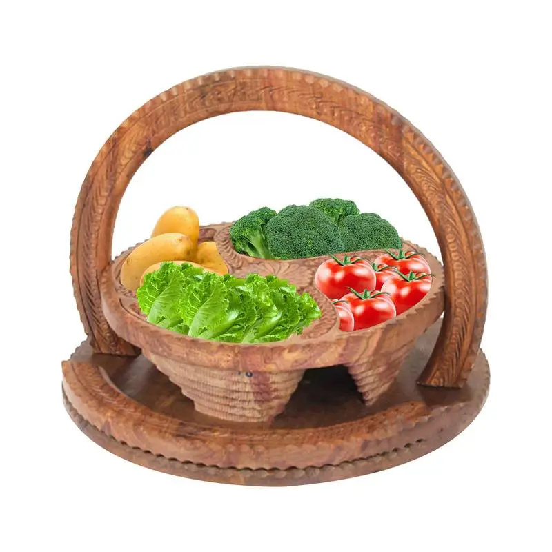 

Handmade Wood Carving Fruit Plate 4-Partitions Multipurpose Wooden Fruit Basket For Kitchen Counter Wooden Fruit Bowl For Candy