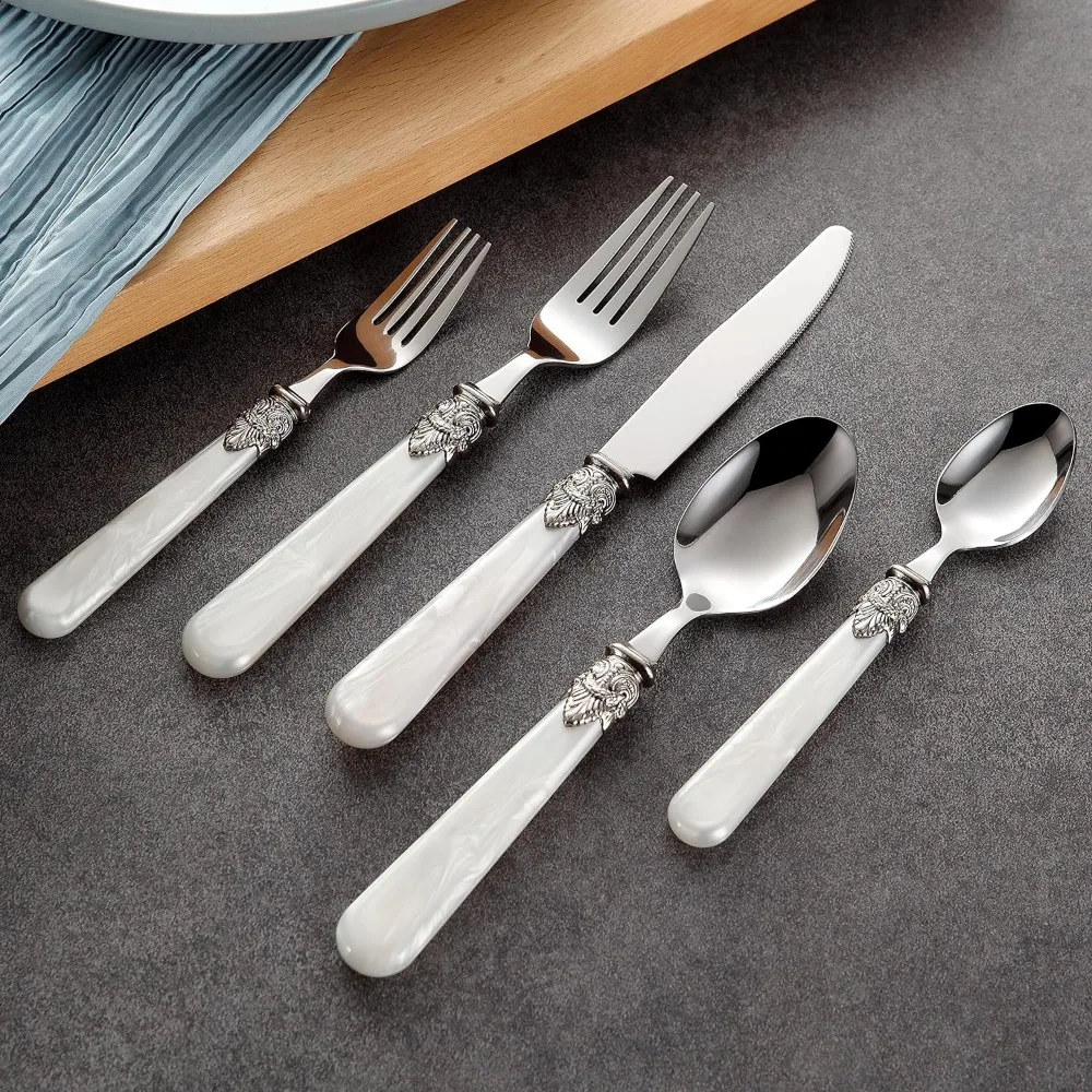 

20-piece 18/10 Stainless Steel Flatware set Silverware Set Serving Utensils,Cutlery Sets Service For 4 White pearl handle 20 pcs