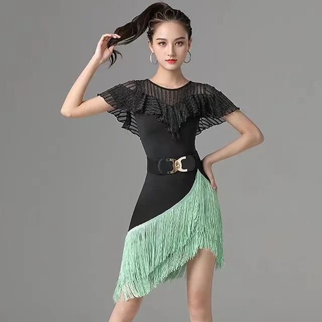 Женское платье с бахромой для латиноамериканских танцев, Сетчатое платье в полоску с оборками для выступлений, танго, румбы, сценический костюм, одежда для тренировок 
Женское платье с бахромой для латиноамериканских танцев, Сетчатое платье в полоску с оборками для выступлений, танго, румбы, сценический костюм, одежда для тренировок
