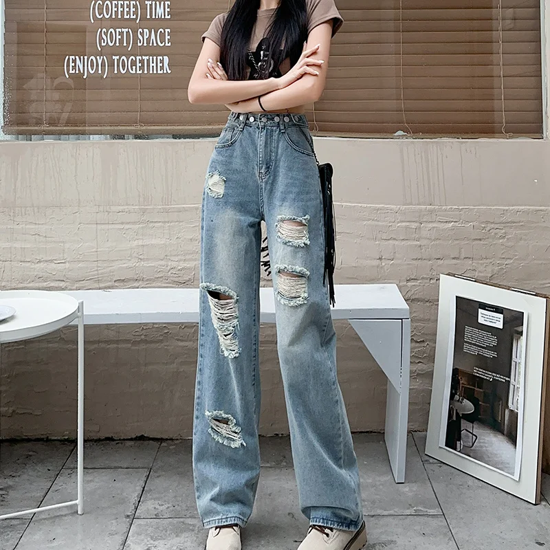 High Street Ripped Denim Pants Women Korean Fashionn High Waist Adjustable Button Straight Jean Trouser Y2k Chic Hole Streetwear
High Street Ripped Denim Pants Women Korean Fashionn High Waist Adjustable Button Straight Jean Trouser Y2k Chic Hole Streetwear