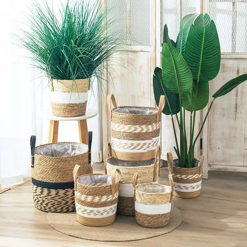 

Flower Baskets Fancy Wicker Storage Sundries Bamboo Decor Home Basket Pot Organizer Seagrass Garden Natural Planter Laundry